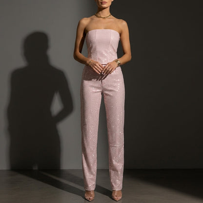 Women's Glitter Jumpsuit Strapless High-Waisted Evening – Maribel