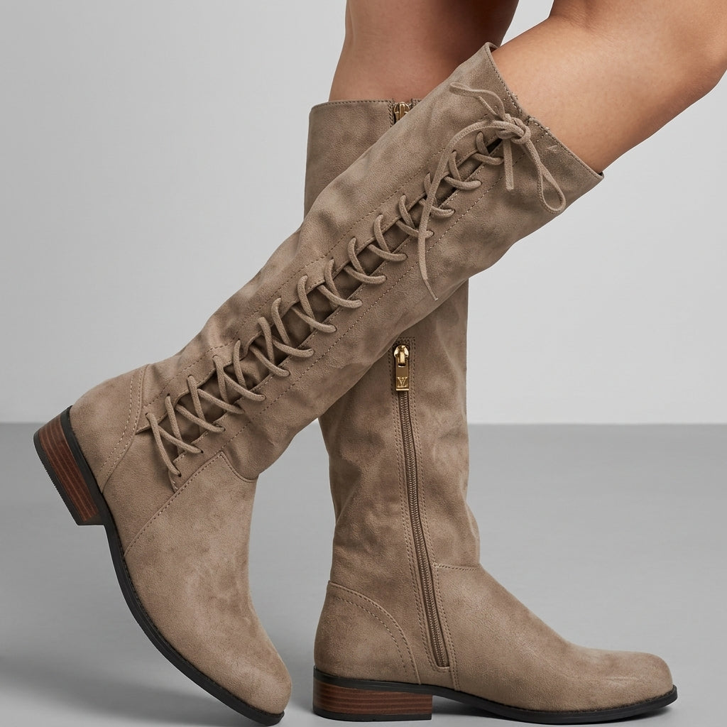 Women’s Knee-High Lace-Up Boots Faux Leather Elegant Fit – Elara