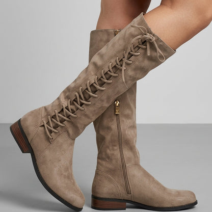 Women’s Knee-High Lace-Up Boots Faux Leather Elegant Fit – Elara
