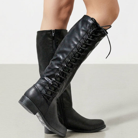 Women’s Knee-High Lace-Up Boots Faux Leather Elegant Fit – Elara