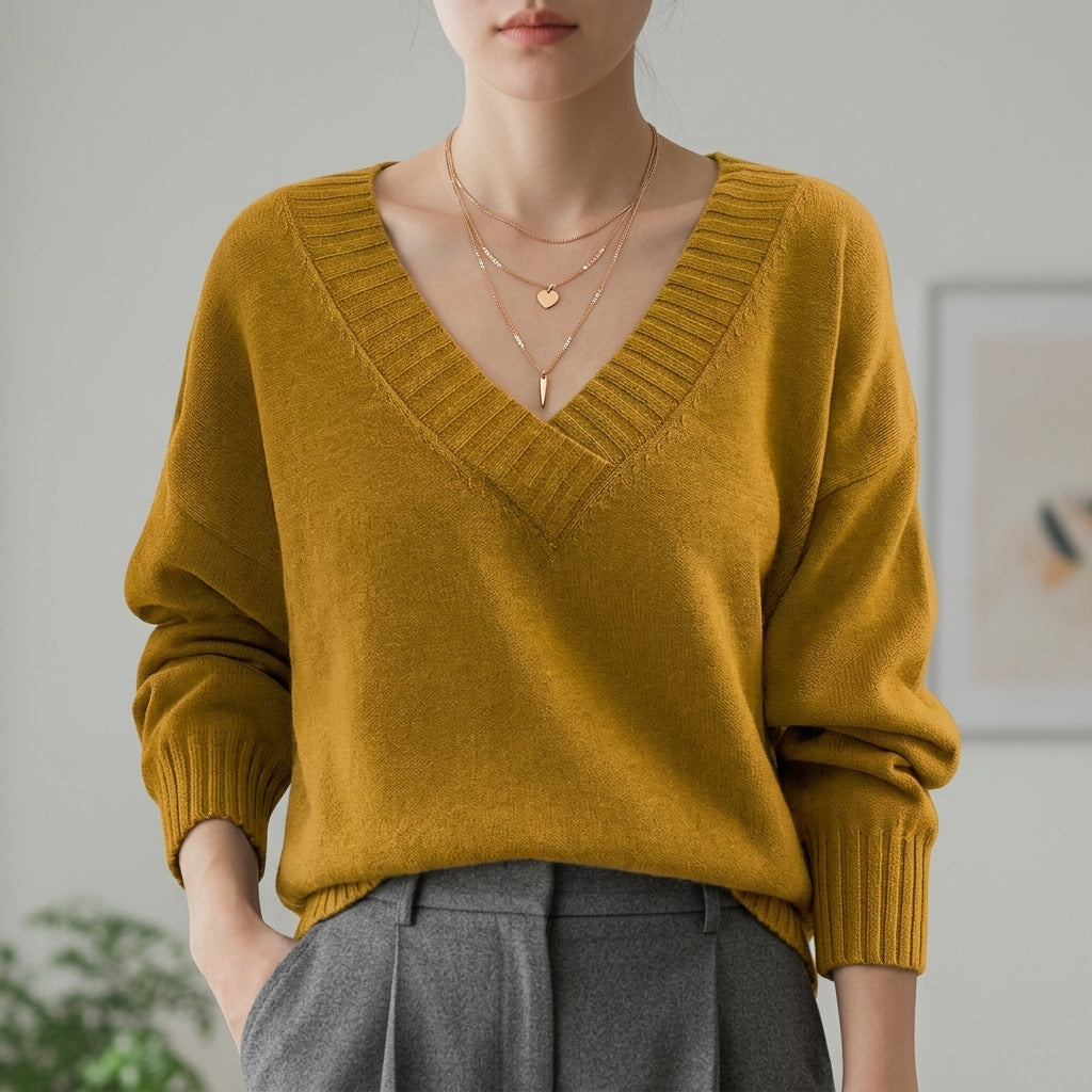 V-Neck Sweater Soft Fabric Blend Refined Style – Elara