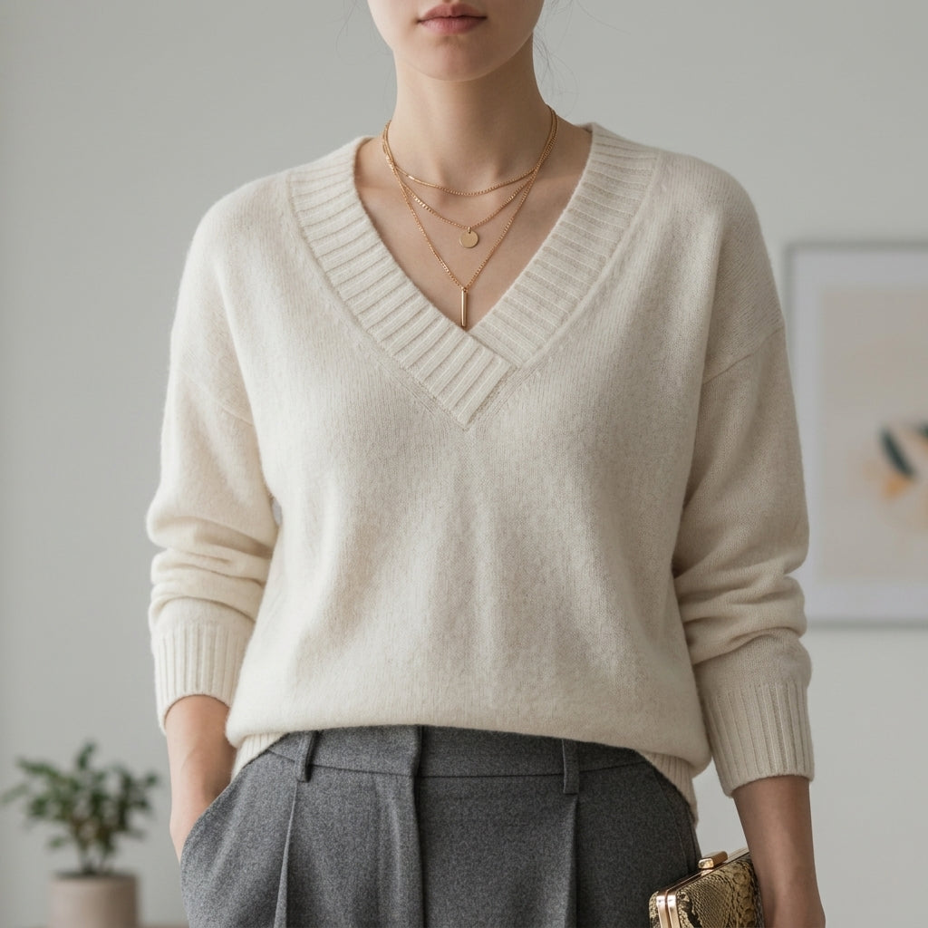 V-Neck Sweater Soft Fabric Blend Refined Style – Elara