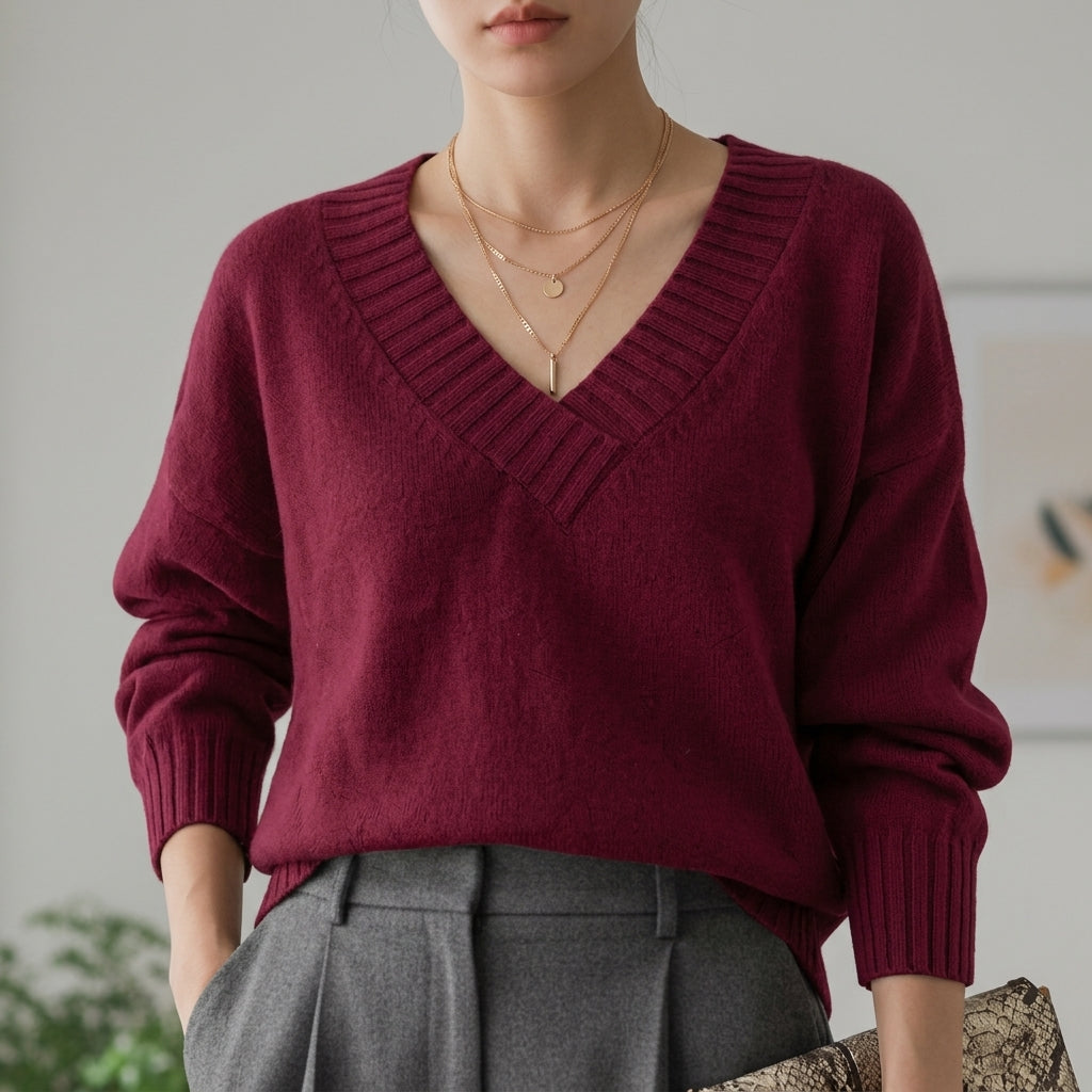 V-Neck Sweater Soft Fabric Blend Refined Style – Elara