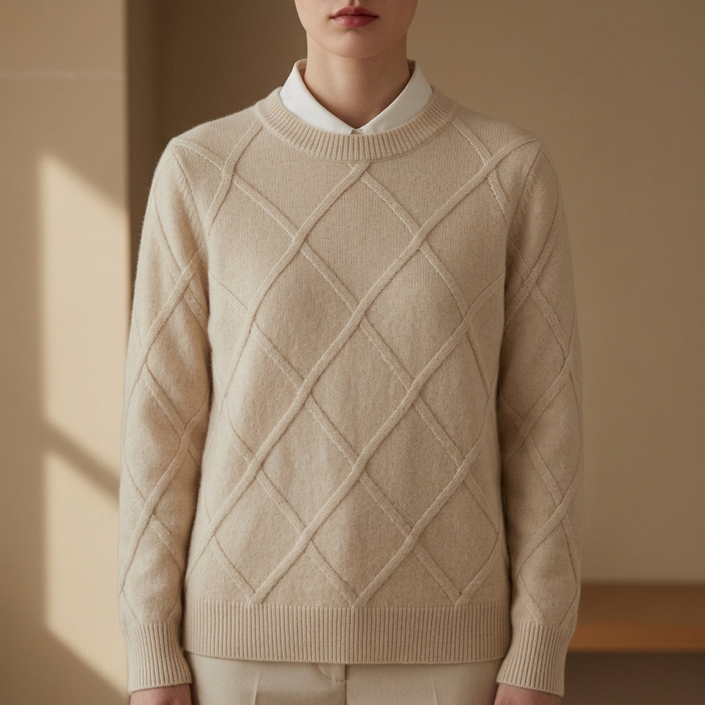 Argyle Crewneck Sweater Soft Blend Ribbed Trim – Elara
