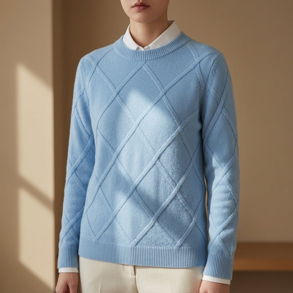 Argyle Crewneck Sweater Soft Blend Ribbed Trim – Elara
