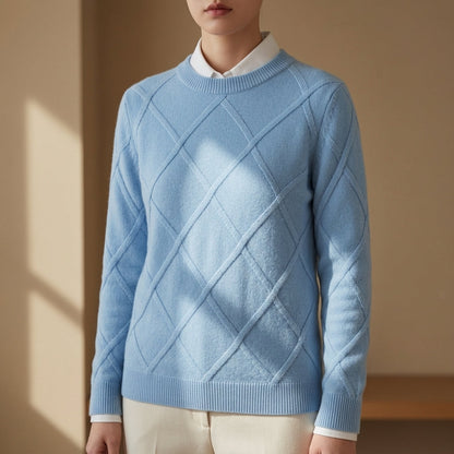 Argyle Crewneck Sweater Soft Blend Ribbed Trim – Elara