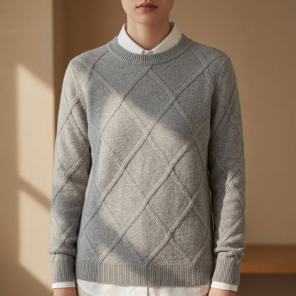 Argyle Crewneck Sweater Soft Blend Ribbed Trim – Elara