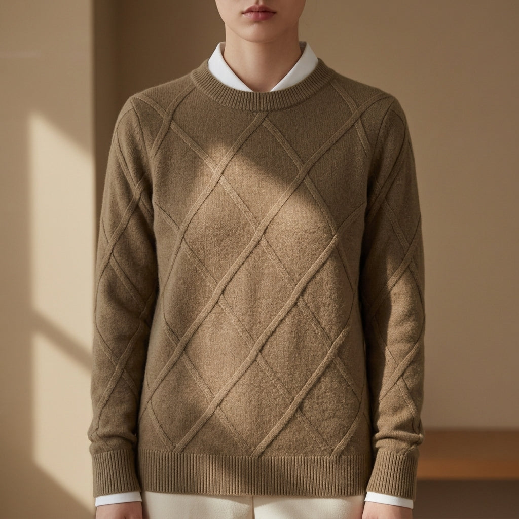 Argyle Crewneck Sweater Soft Blend Ribbed Trim – Elara