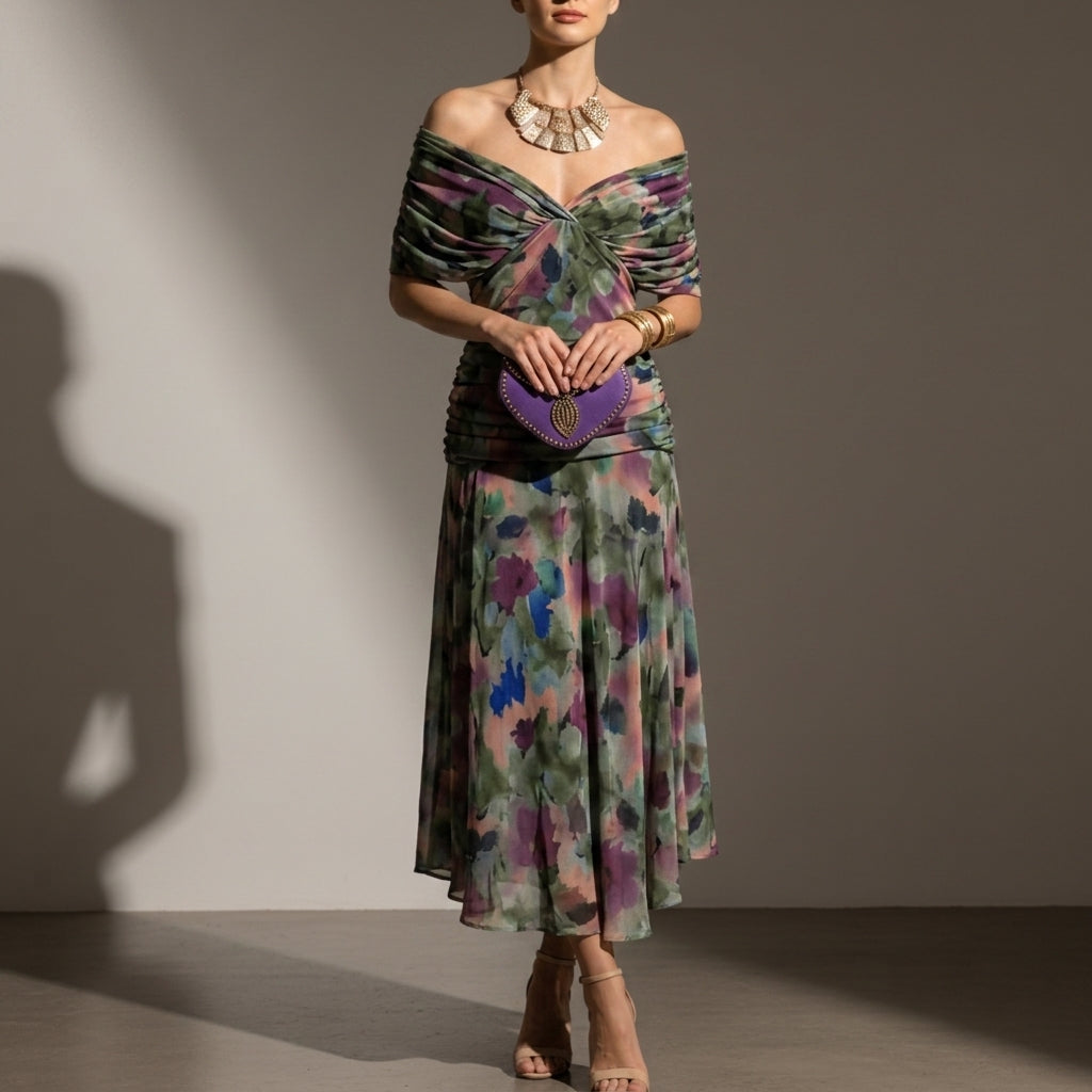 Women's Floral Midi Dress V-Neck Ruched Flowing Style – Amara