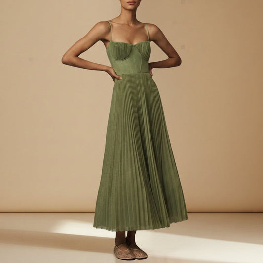 Women's Pleated Tulle Midi Dress Structured Bustier Fit and Flare – Celeste