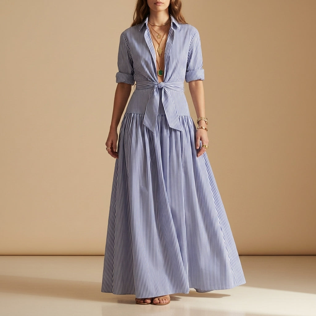 Women's Striped Maxi Shirt Set Coordinated Two-Piece – Elara