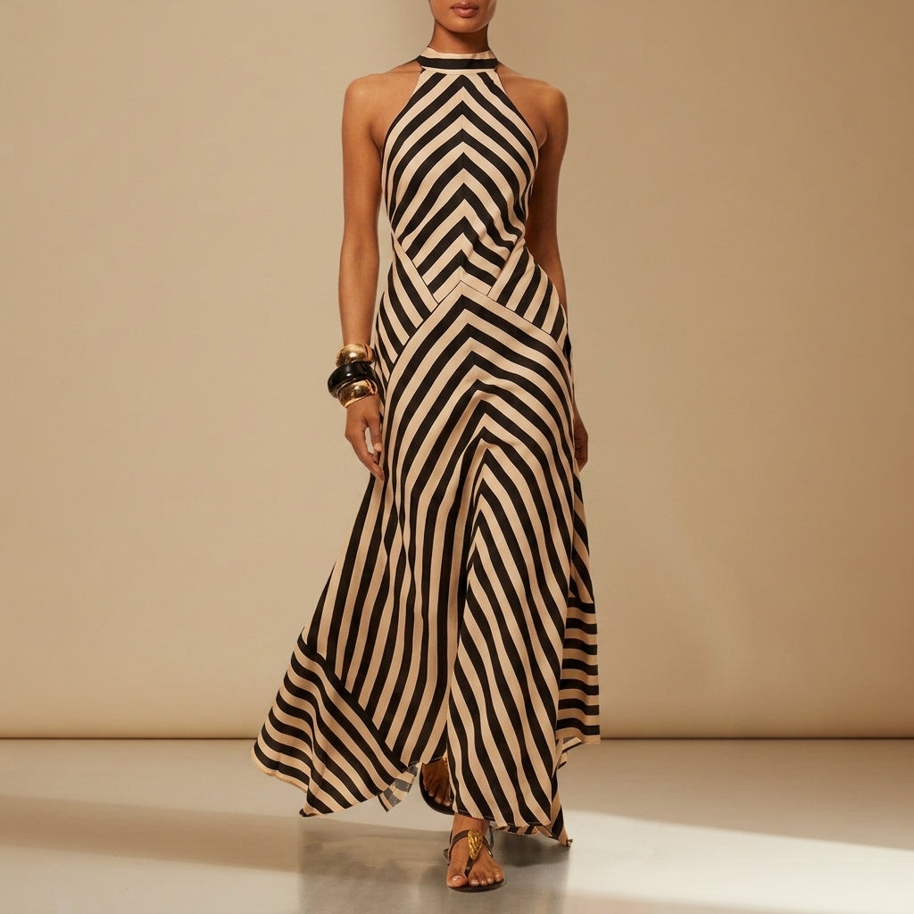 Women's Halter Maxi Dress Chevron Stripe Fluid Draping – Celeste