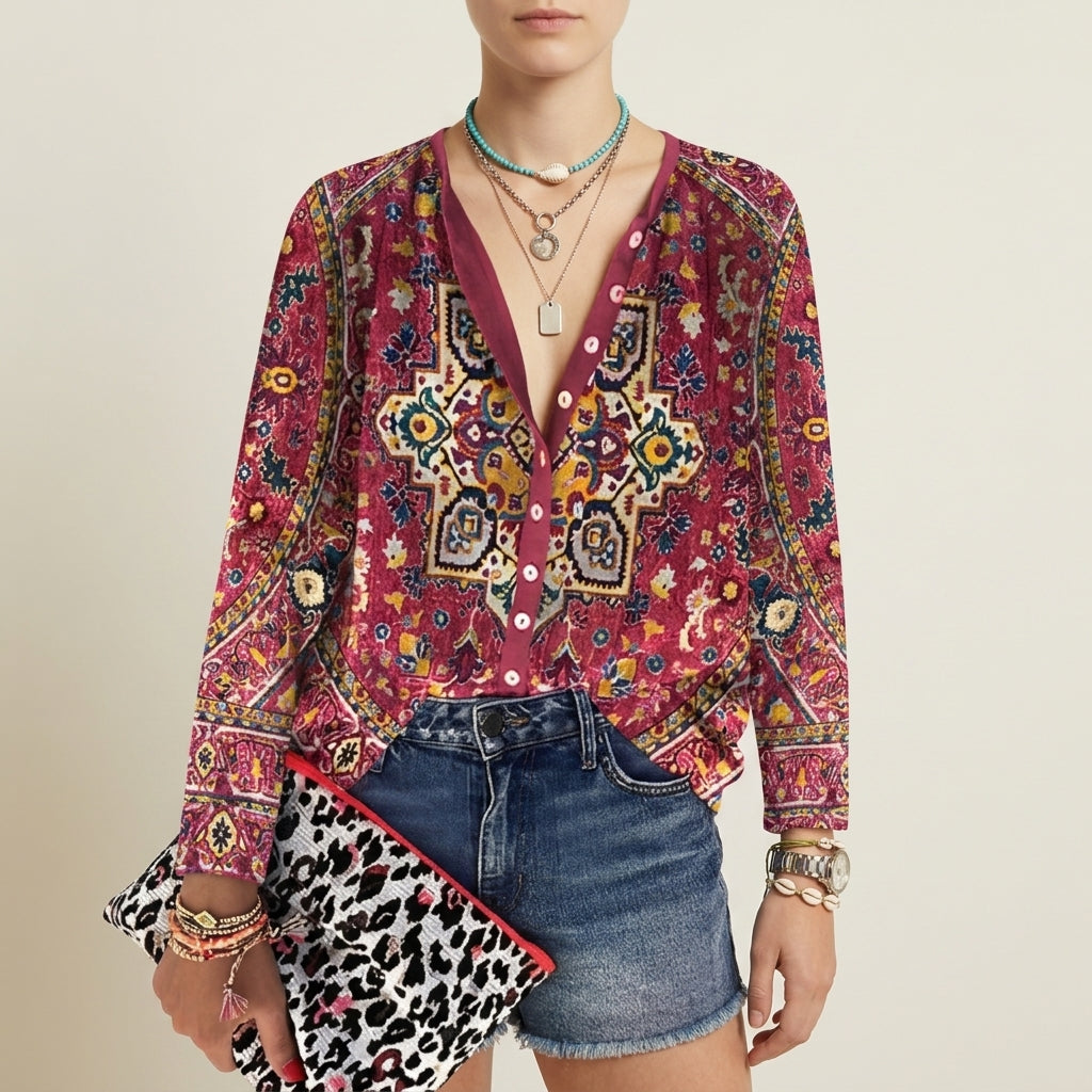 Women's Floral Button-Up Blouse V-Neck 3/4 Sleeves – Marielle