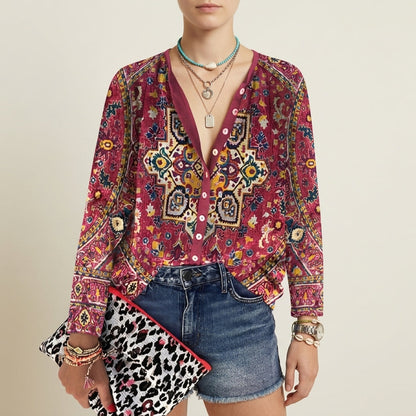 Women's Floral Button-Up Blouse V-Neck 3/4 Sleeves – Marielle
