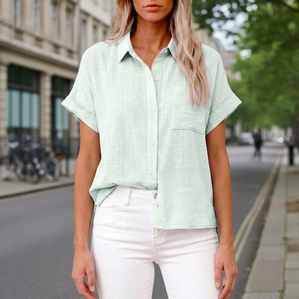 Women's Short Sleeve Button Shirt Pointed Collar Chest Pocket – Elara