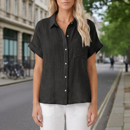 Women's Short Sleeve Button Shirt Pointed Collar Chest Pocket – Elara