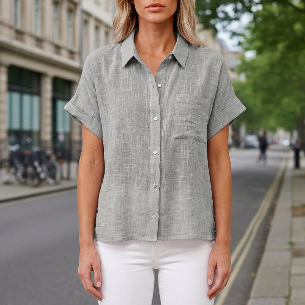 Women's Short Sleeve Button Shirt Pointed Collar Chest Pocket – Elara