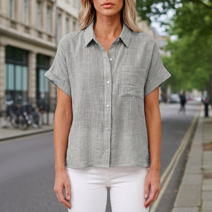 Women's Short Sleeve Button Shirt Pointed Collar Chest Pocket – Elara