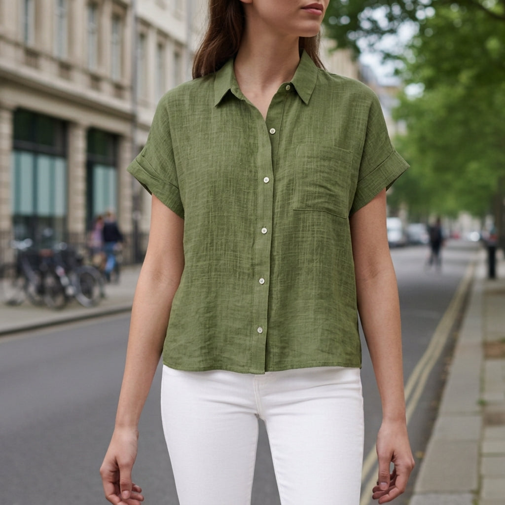 Women's Short Sleeve Button Shirt Pointed Collar Chest Pocket – Elara