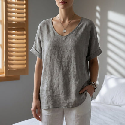 Oversized U-Neck T-Shirt Relaxed Short Sleeve Fit – Livia