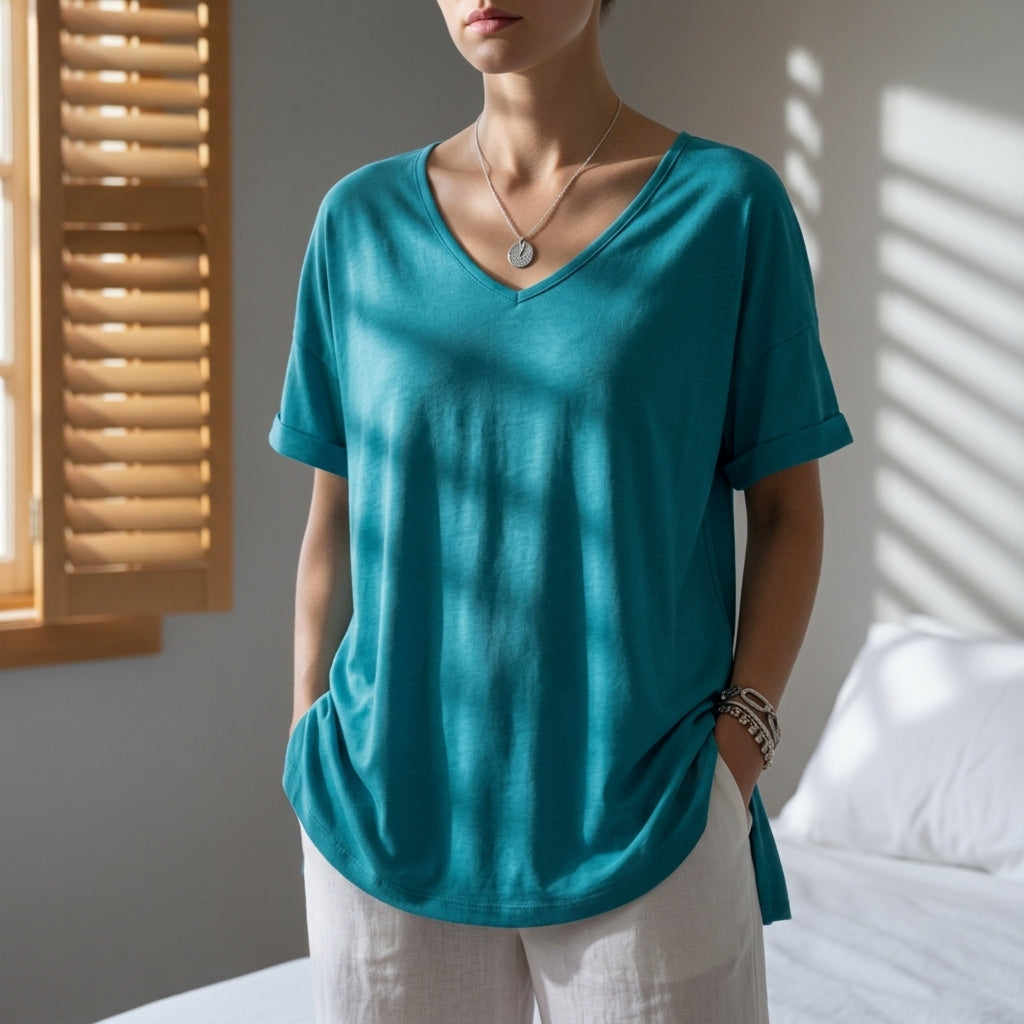 Oversized U-Neck T-Shirt Relaxed Short Sleeve Fit – Livia