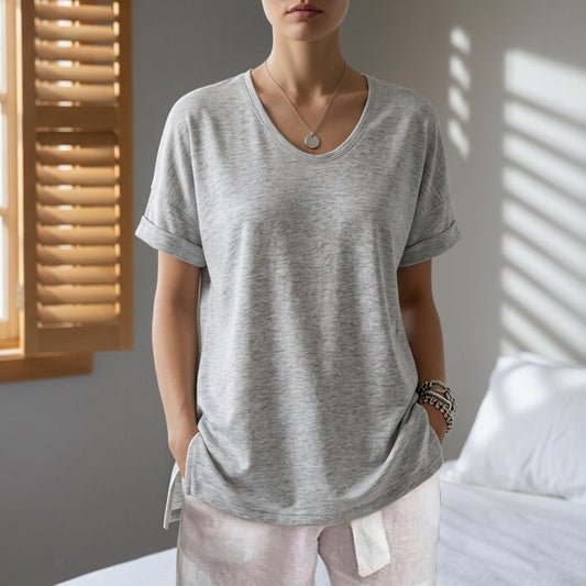 Oversized U-Neck T-Shirt Relaxed Short Sleeve Fit – Livia