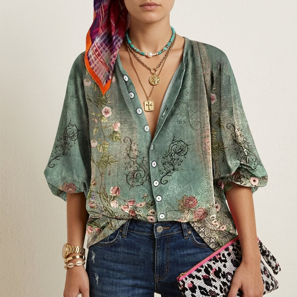 Women's Floral Button-Up Blouse V-Neck 3/4 Sleeves – Marielle