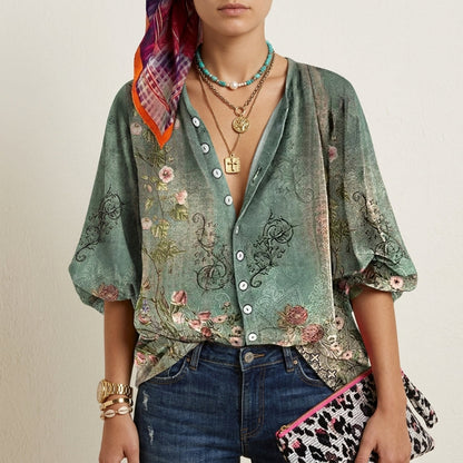 Women's Floral Button-Up Blouse V-Neck 3/4 Sleeves – Marielle