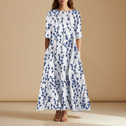 Women's Floral A-Line Midi Dress with Pockets – Elara