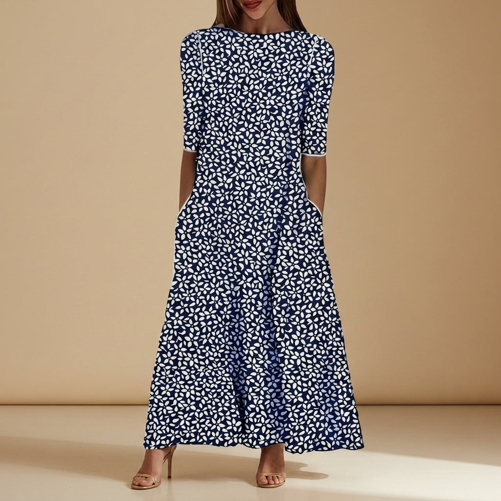 Women's Floral A-Line Midi Dress with Pockets – Elara