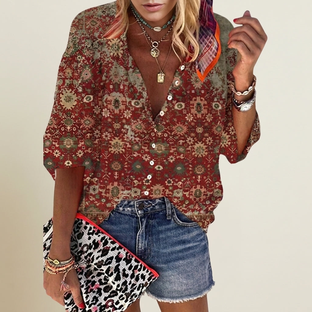 Women's Floral Button-Up Blouse V-Neck 3/4 Sleeves – Marielle