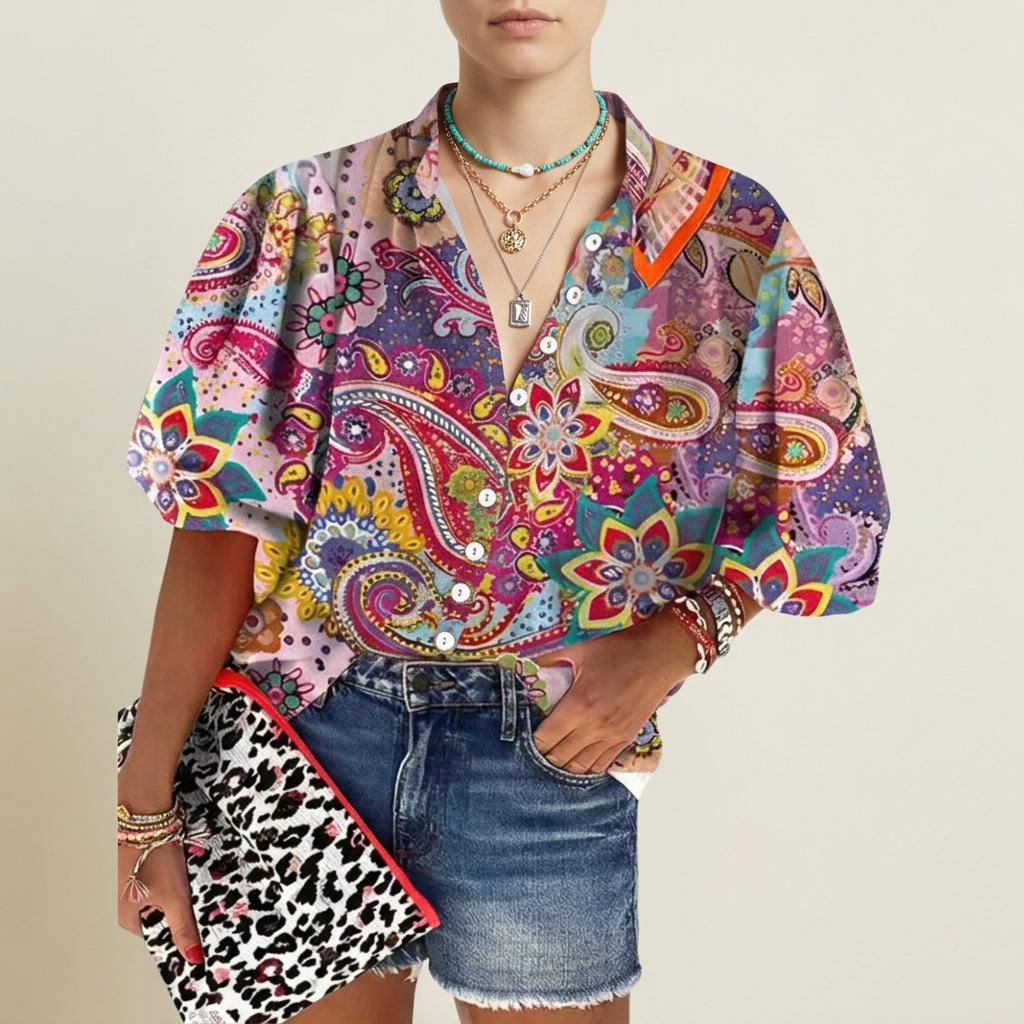 Women's Floral Button-Up Blouse V-Neck 3/4 Sleeves – Marielle