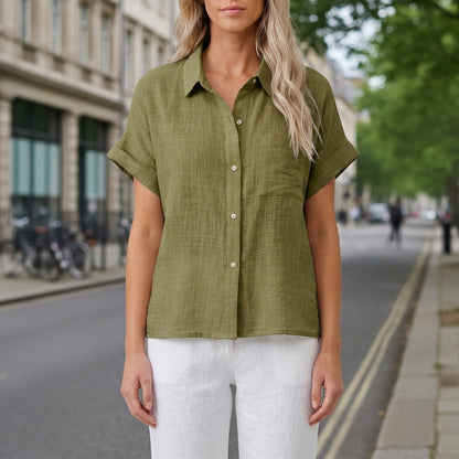 Women's Short Sleeve Button Shirt Pointed Collar Chest Pocket – Elara