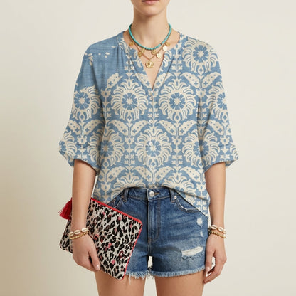 Women's Floral Button-Up Blouse V-Neck 3/4 Sleeves – Marielle