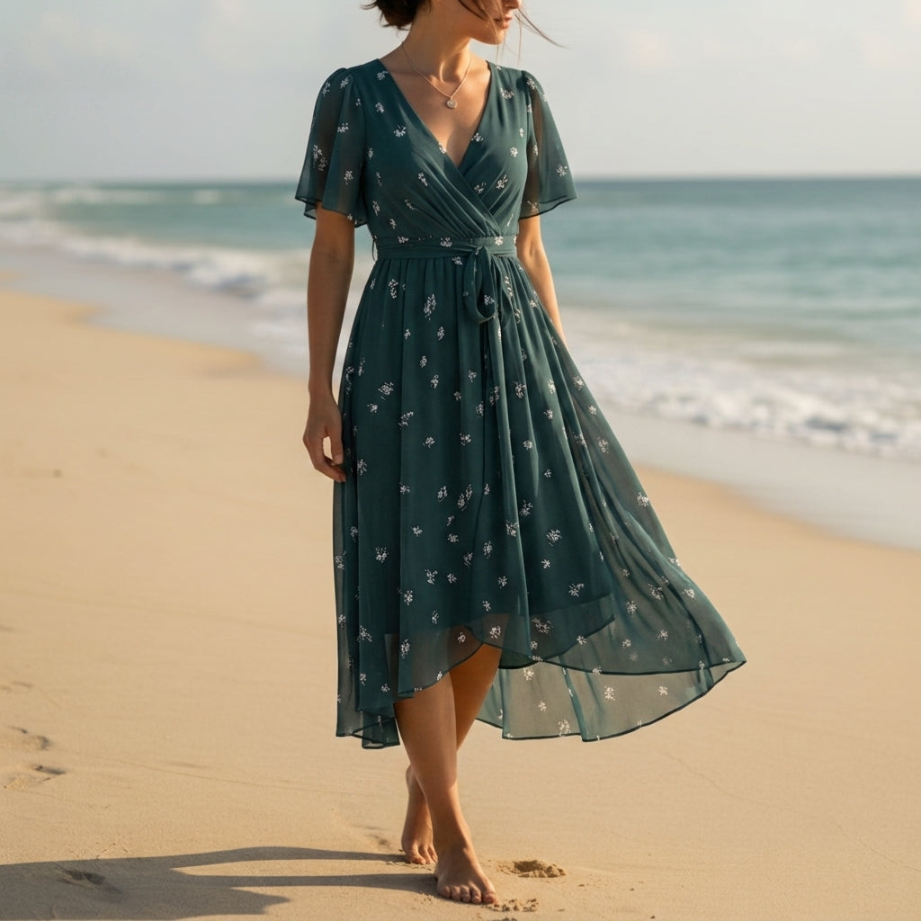 Women's Floral Wrap Midi Dress Chiffon Blend Flutter Sleeves – Elise