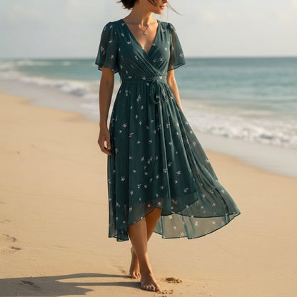 Women's Floral Wrap Midi Dress Chiffon Blend Flutter Sleeves – Elise