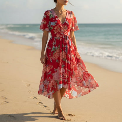 Women's Floral Wrap Midi Dress Chiffon Blend Flutter Sleeves – Elise