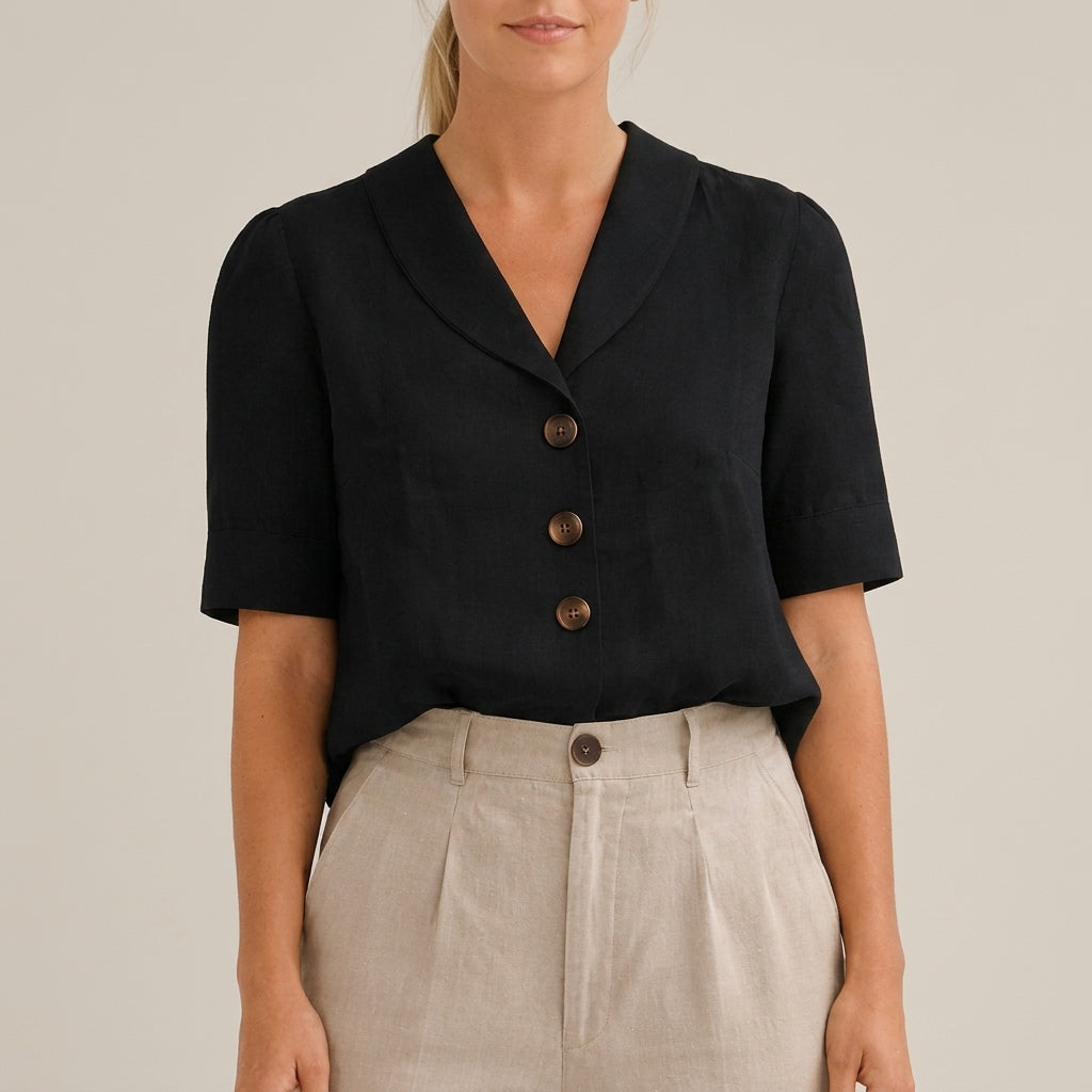 Women's Short Sleeve Shawl Collar Blouse Relaxed Fit – Elara
