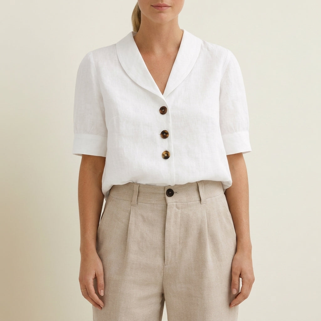 Women's Short Sleeve Shawl Collar Blouse Relaxed Fit – Elara