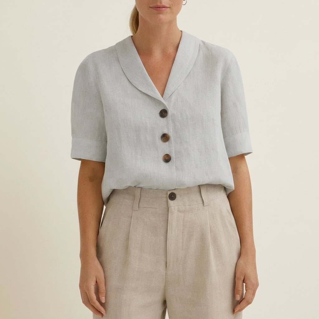 Women's Short Sleeve Shawl Collar Blouse Relaxed Fit – Elara