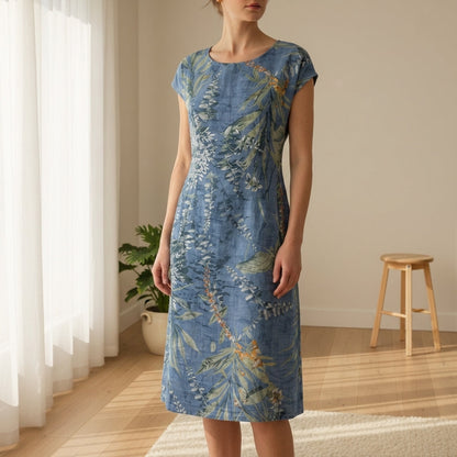 Women's Botanical Print Midi Dress Cap Sleeve Relaxed Fit – Elara