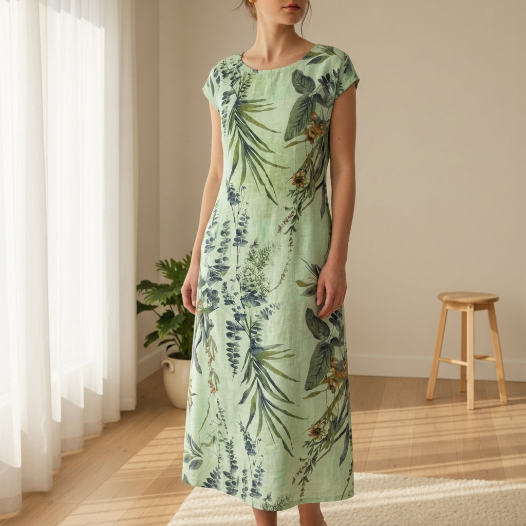 Women's Botanical Print Midi Dress Cap Sleeve Relaxed Fit – Elara