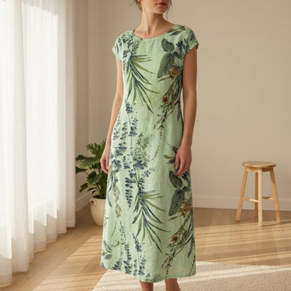 Women's Botanical Print Midi Dress Cap Sleeve Relaxed Fit – Elara