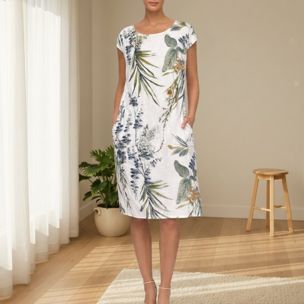 Women's Botanical Print Midi Dress Cap Sleeve Relaxed Fit – Elara