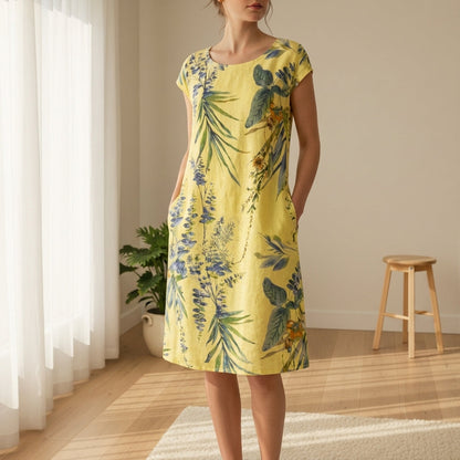 Women's Botanical Print Midi Dress Cap Sleeve Relaxed Fit – Elara