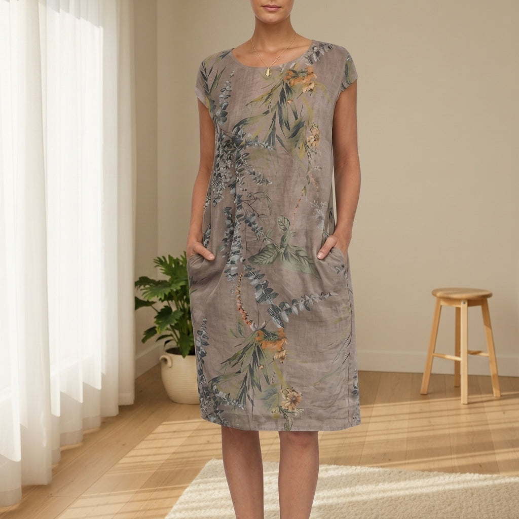 Women's Botanical Print Midi Dress Cap Sleeve Relaxed Fit – Elara