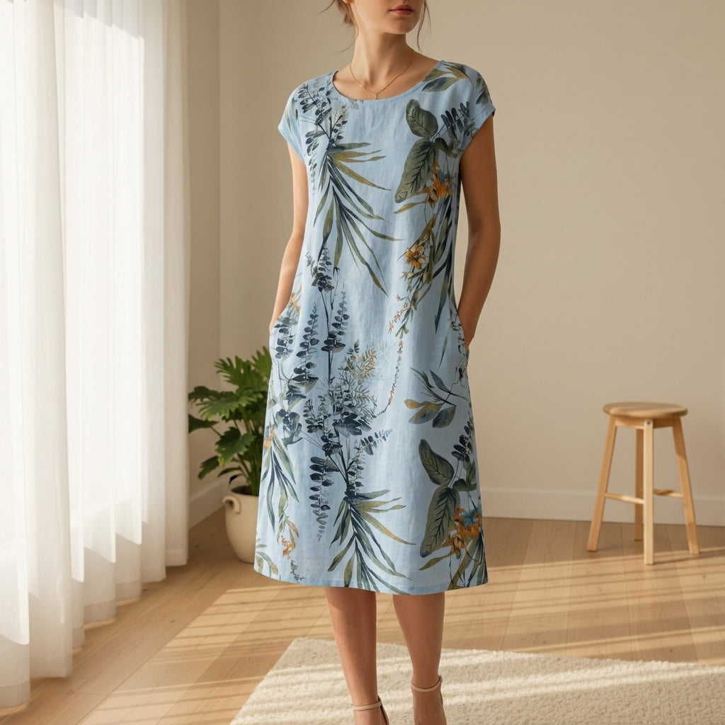 Women's Botanical Print Midi Dress Cap Sleeve Relaxed Fit – Elara