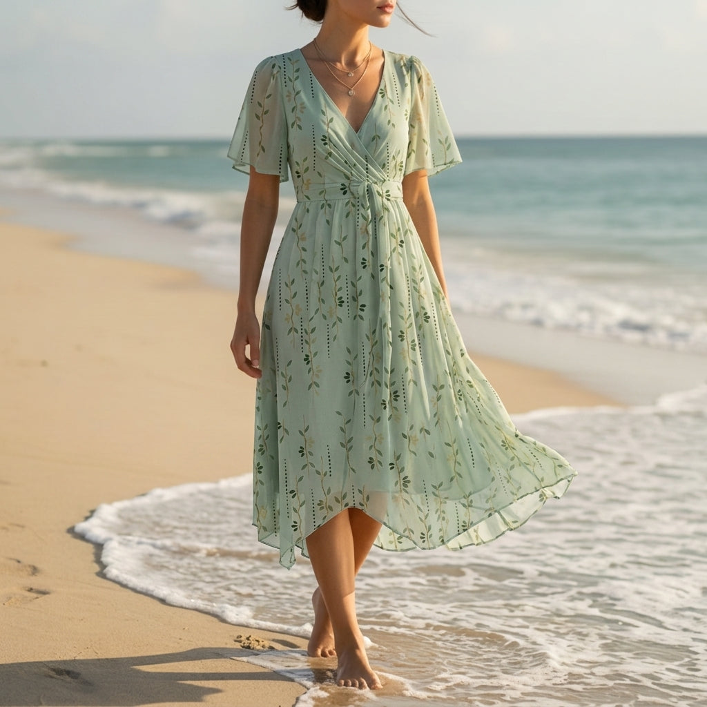 Women's Floral Wrap Midi Dress Chiffon Blend Flutter Sleeves – Elise