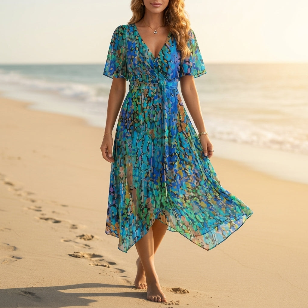 Women's Floral Wrap Midi Dress Chiffon Blend Flutter Sleeves – Elise