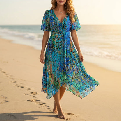 Women's Floral Wrap Midi Dress Chiffon Blend Flutter Sleeves – Elise